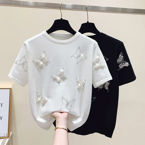 Women's Butterfly Beading Knitted Top Korean Style Fashion Short-Sleeve Black White T-shirt Elegant Ladies Spring Summer Top