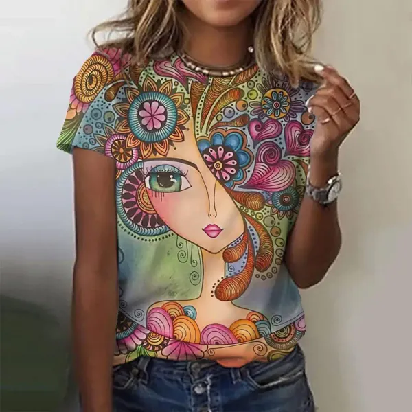 2024 Summer Women's T-shirt 3D printed cute girl pattern short sleeve Harajuku fashion o collar women color beautiful T-shirt