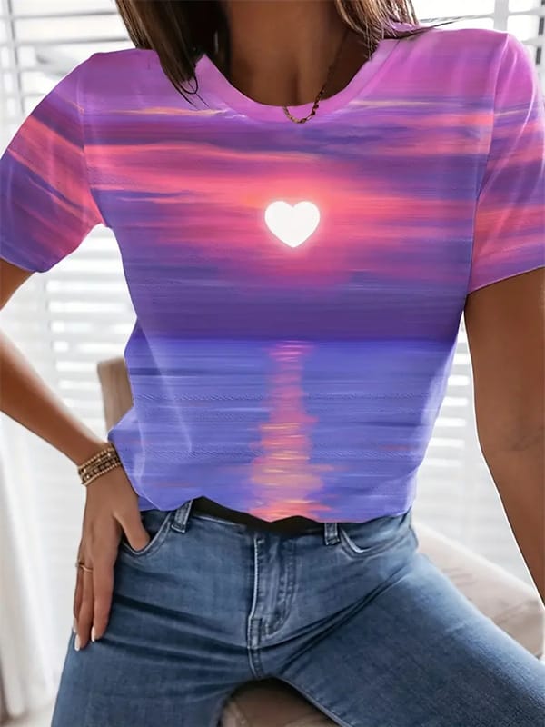 Summer New Women's T Shirt 3 Evening Sunset Print O Neck Short Sleeve Top Fashion Big Size T Shirt Breathable Womens Clothing6Xl