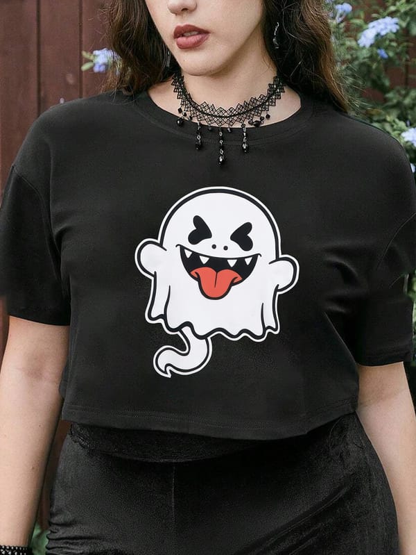 Cute Ghost Creative Design Printed Crop T-Shirts Women's Summer Fashion Cute Casual Round Neck Short Sleeved Women's Top Tee