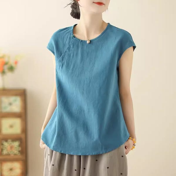 Cotton And Linen Tshirt Women's Round Neck Ramie Simple Versatile Short Sleeve Solid Casual High-Quality 2024 Summer Top K958