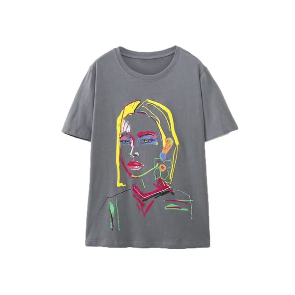 Summer Retro Fashion Girls' Printed T-Shirt Grey Pullover Short Sleeve Fashion Trendy Top Women's Street Casual Style 2023