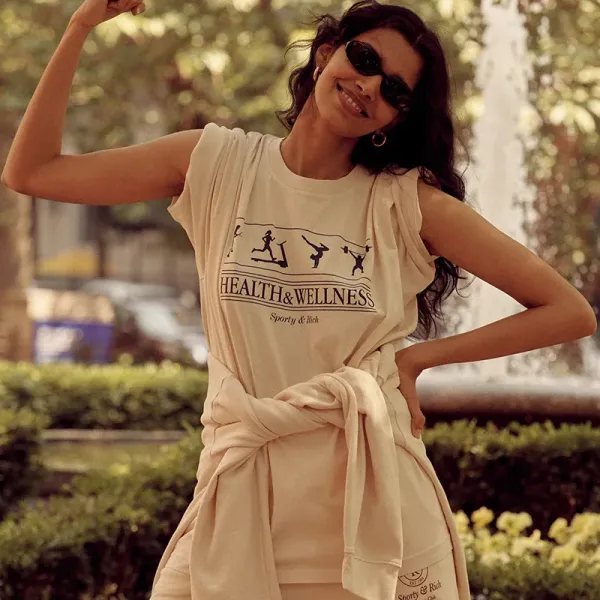 2024 Early Spring New North American Niche Sporty&Rich Gymnastics Letter Printed Apricot Cotton Women's Short Sleeve T-shirt