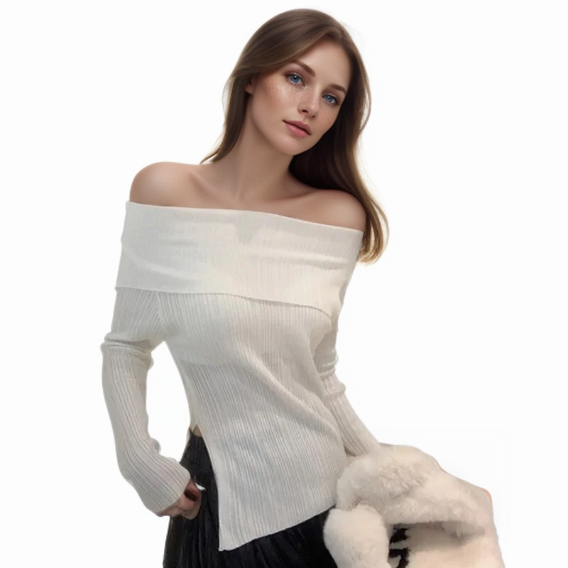 Off Shoulder Knitted Streetwear Women's Sexy Long Sleeve Slim Fit Stretchy Shirts Blouses Top