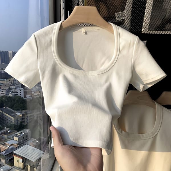 Cotton Square Collar Short Top Women's Summer New Short-sleeved T-shirt Hot Girl Exposed Navel Inner Wear Outside Small T-shirt