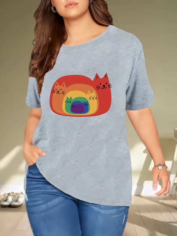 Creative Cute Cartoon Cat Print Round Neck T-Shirt, Casual Stretch Short Sleeve Sport T-Shirt, Women's Clothing