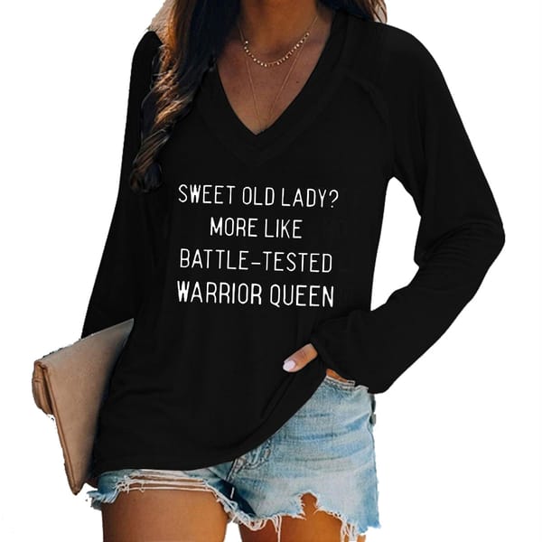 Women's printed long sleeved V-neck patchwork casual oversized T-shirt top Women's loose and versatile temperament personality