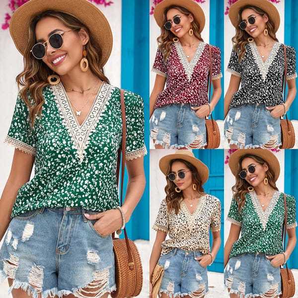 High Quality Popular Shirt Top 2024 Summer Floral Elegant Sexy Lace Patchwork V-neck Women's Top Vestidos Streetwear Hot Y2k