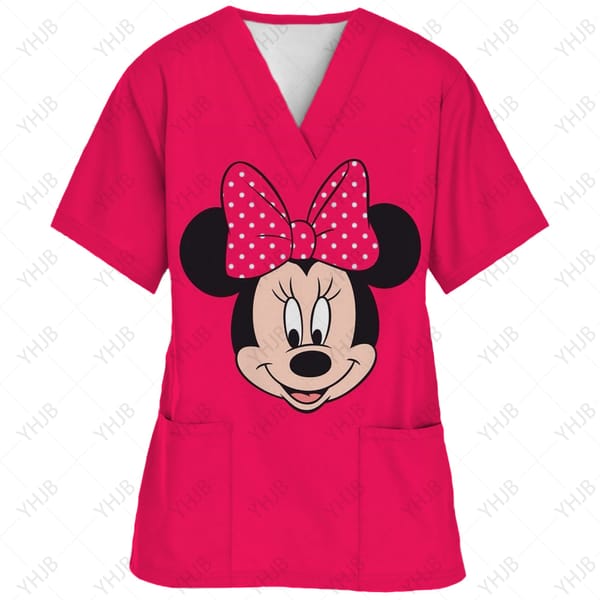 Disney-Women's Minnie Mickey Print Nursing Scrubs T-Shirt, Casual Tops, Short Sleeve, V-neck Pocket, Women Uniform