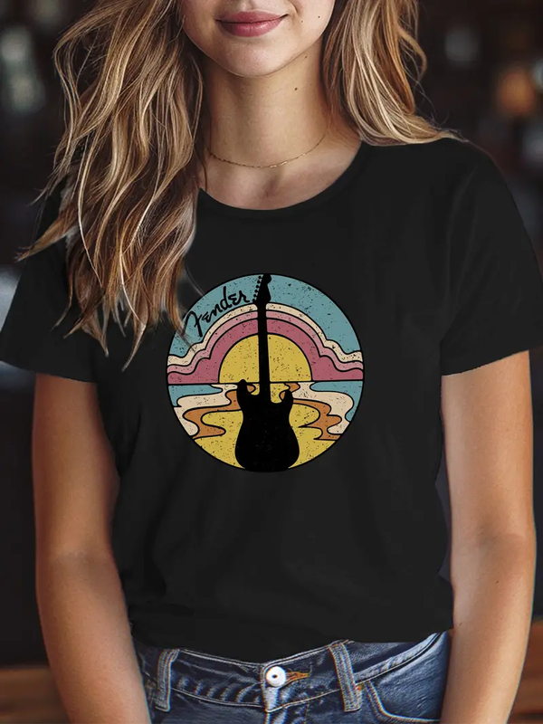 Retro Guitar Ring Style T-shirt Women's Fashion T-shirt Women's T-shirt Short sleeved Round Neck Women's Y2K Top Retro Harajuku