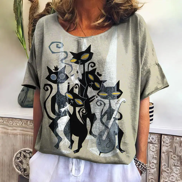 2024 summer new 3d cartoon cat ladies loose fashion short sleeve V-neck T-shirt Printed T-shirt Harajuku women's wear