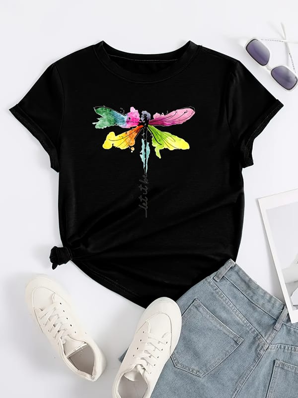 Casual Short Sleeve T-Shirt For Spring & Summer, Women's Clothing Dragonfly Print Crew Neck T-Shirt
