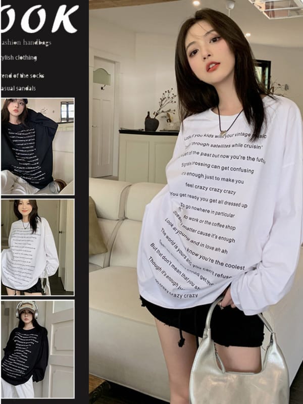 China-Chic white letter round neck sweater women's spring and autumn loose oversize original night style casual versatile KZ3H