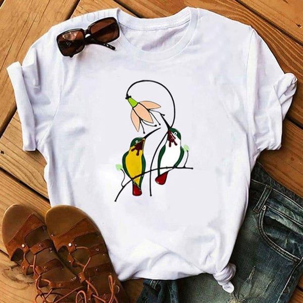Women's Loose Round Neck White Bird Print Short-sleeved T-shirt Aesthetic Clothes  Graphic T Shirts  Harajuku
