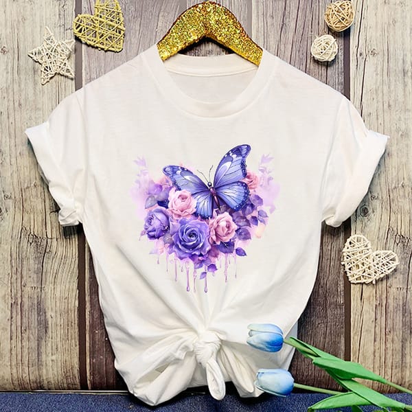 New Flowers Butterfly Print Short Sleeve Casual T-Shirt Summer Fashion Harajuku Short Sleeve Women'S Top