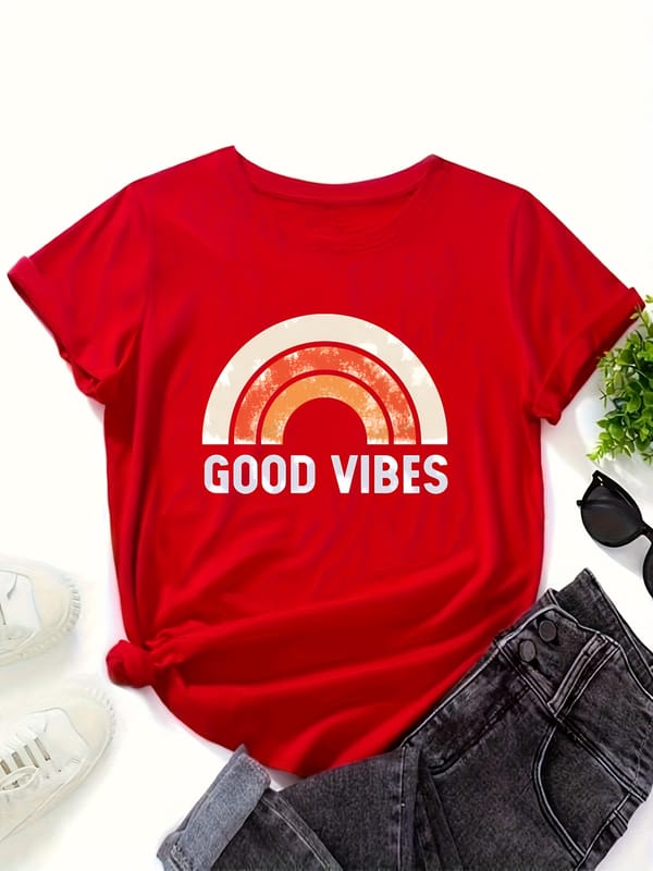 Rainbow Print Crew Neck T-shirt, Short Sleeve Casual Top For Spring & Summer, Women's Clothing