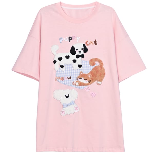 Forest Women's Tribe Original Cat And Dog Party Cute Girl Pink Cute Cute Fun Towel Embroidered Short Sleeved T-shirt Summer Top