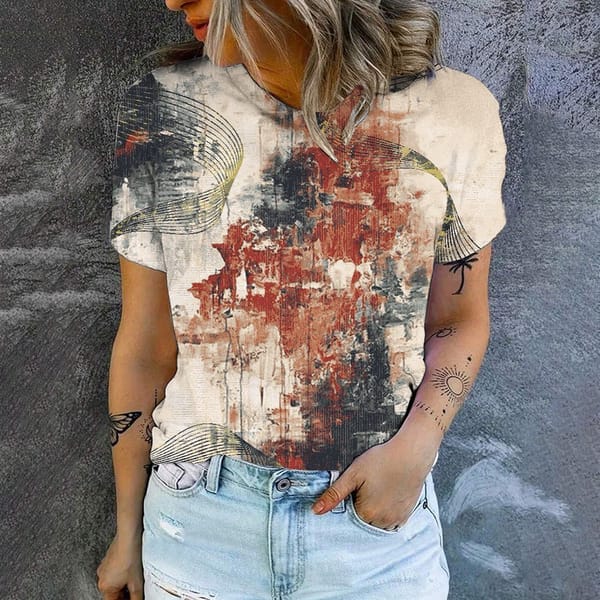 Women's round neck short sleeved T-shirt, trendy and fashionable, geometric pattern printing, fashionable, casual, 2024