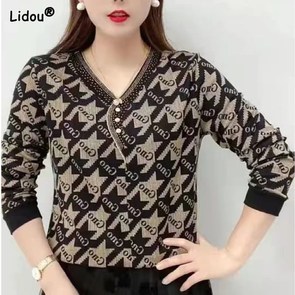 Spring Autumn T-Shirts Comfortable V-neck Intellectual Diamonds Thin Printing Pullovers Loose Patchwork 2023 Women's Clothing