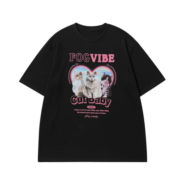 Cute Cat Print T-shirt Korean Version Cartoon Kawaii Clothes Harajuku Style Tee O Neck Short Sleeve Casual Tops Women's Clothing