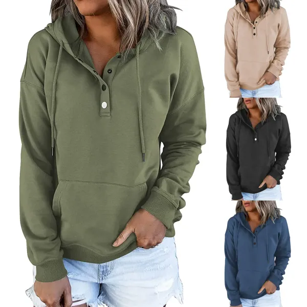 New Autumn Solid Women's Basic Clothing Casual Loose Hooded Sweatshirts Long Sleeve Button Neck Hoodies With Pocket Lady Hoodie