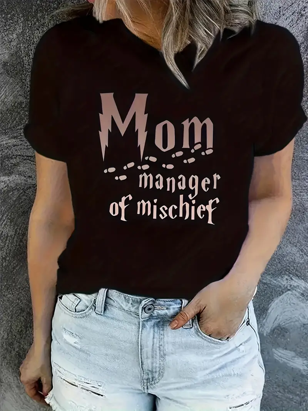 Mom Manage Of Mischief Creative Printed T-Shirts Women's Summer Fashion Cute Casual Round Neck Short Sleeved Women's Clothing