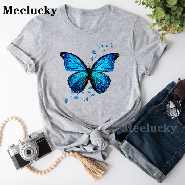 Women's Colorful Butterfly Petal Print T-Shirt, Short Sleeve, Round Neck, Cute Graphic Tee Shirts, Female Tops Clothes
