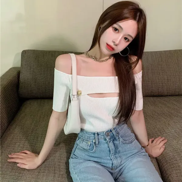 Woman TShirts Summer Short-Sleeved Sweater Women's Pullover Hollow  Cropped  Crop Top Mujer Camisetas