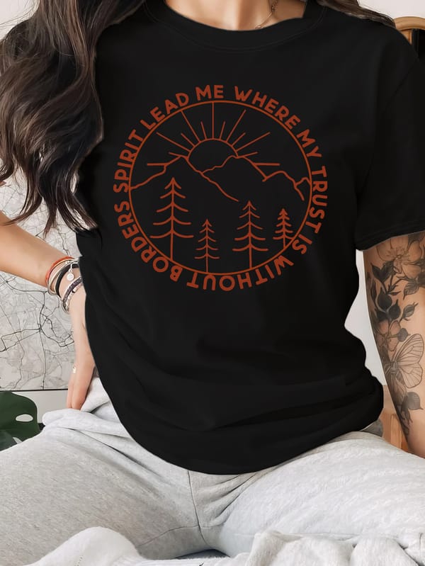 Mountain Print Crew Neck T-Shirt, Casual Short Sleeve T-Shirt For Spring & Summer, Women's Clothing