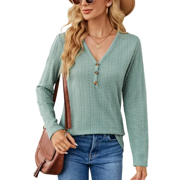 Women's Long Sleeve Loose T-shirt, V Neck Tops, Buttons, Spring, Autumn