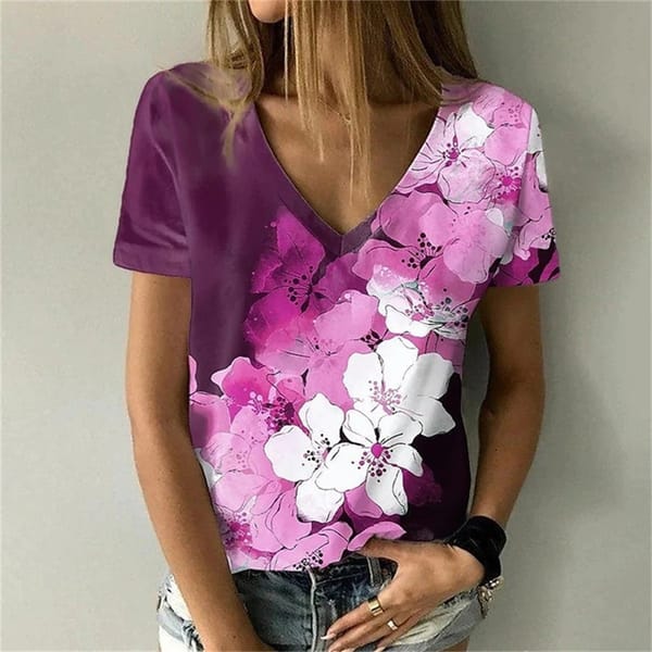 Women's T-Shirts Fashion Characters Top Tee Flower 3d T-Shirt Harajuku Casual Short Sleeve V-Neck Oversized Female Clothing