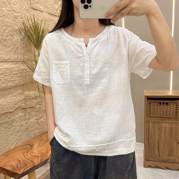 Summer Vintage Literature Loose V-Neck Cotton Short Sleeve T-Shirt Women's Slim Bottom Shirt Versatile Casual Top Fashion Z889