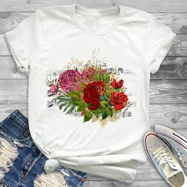 Clothing Red Flower Print T-shirt 90's Fashion Short Sleeve Print Summer Women's Short Sleeve Women's Casual Fashion T-shirt.