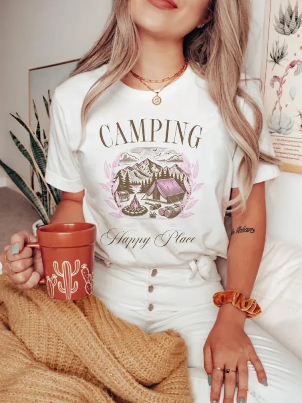 Short Sleeved Adventure Camping T-Shirt Trendy Cute Clothing Print Casual Fashion O-Neck Women's Fun Print Pattern Women's T-Shi