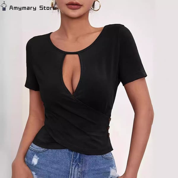 2024 Summer New Women's Sexy Hollow T-shirt Solid Color Round Neck Slim Short Sleeve Tee Fashion Trend Street Party T Shirt Top