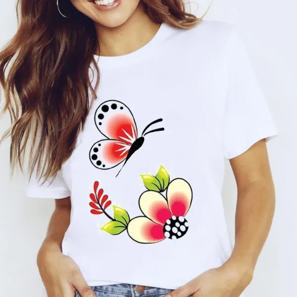 Spring and Summer New Women's Fruit-flower Print Cute Crew-neck Trend Base Shirt Aesthetic Clothes Oversized T Shirt Tee Tops