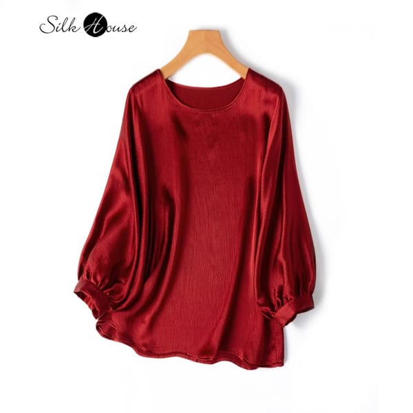 2024 Women's Fashion Spring/Summer New Loose 100%Natural Mulberry Silk Pearl Satin Round Neck Lantern Sleeves Red T-shirt
