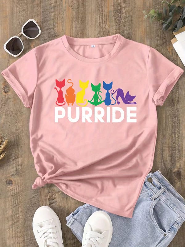 Letter & Cat Print T-shirt, Short Sleeve Crew Neck Casual Top For Summer & Spring, Women's Clothing