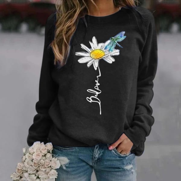 Women'S Classic Retro T-Shirts Trendy Sunflower Print Long-Sleeve Tee Tops Spring Summer Round Neck Tees Classic Daily Homewear