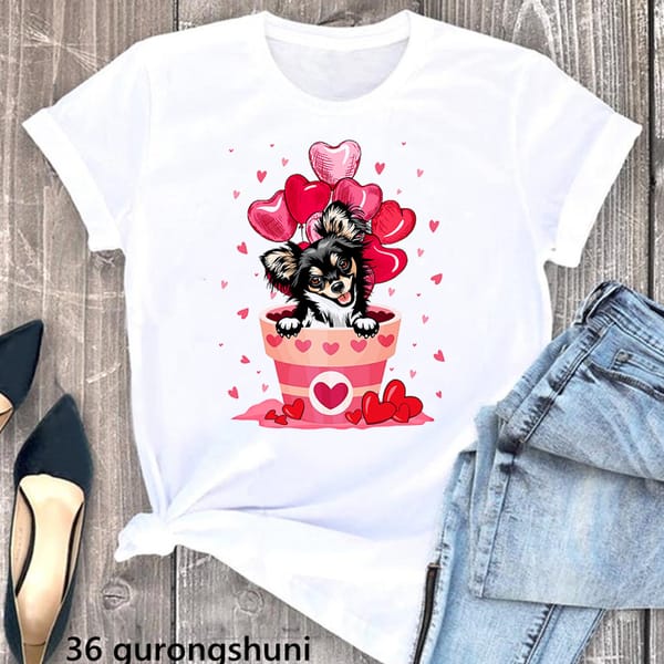 Valentines Day Pot Dachshund/Corgi Print T Shirt Women'S Clothing Funny Dog Lover Tshirt Girls Harajuku Shirt Summer Tops Tee