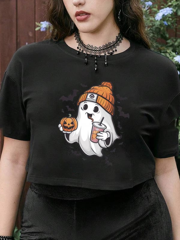 Fun Cute Ghost Graphic Crop Tee Women Summer Fashion Short Sleeved Crop Harajuku Printed O-Neck Casual Design Women's Clothing