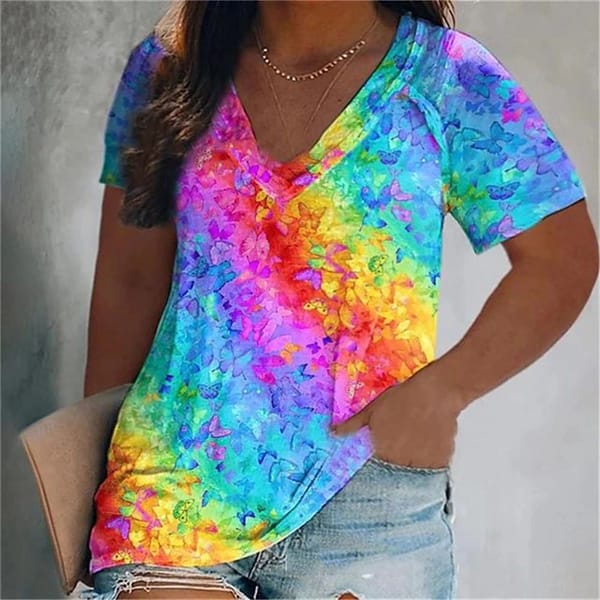 European and American retro women's T-shirt 3D printed animal butterfly gradient V-neck T-shirt summer casual short-sleeved top