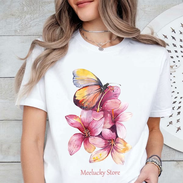 Lily flower illustration pattern women's Korean loose summer top clothing, casual and versatile style