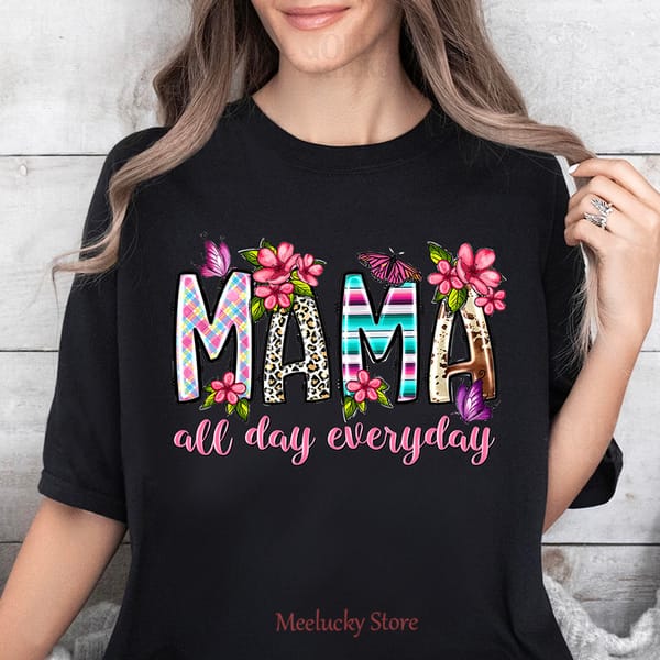 Mama all day everyday beautiful printed pattern with letters，Women's summer casual round neck short sleeved top