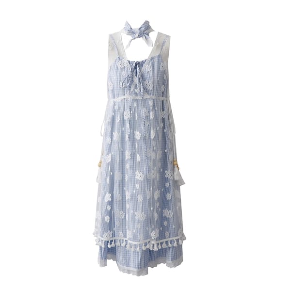 Sweet Holiday Style Off-shoulder Plaid Sling Dresses with Scarf + Women's V-neck Sleevless Lace Smock Vest Dress Three-piece Set