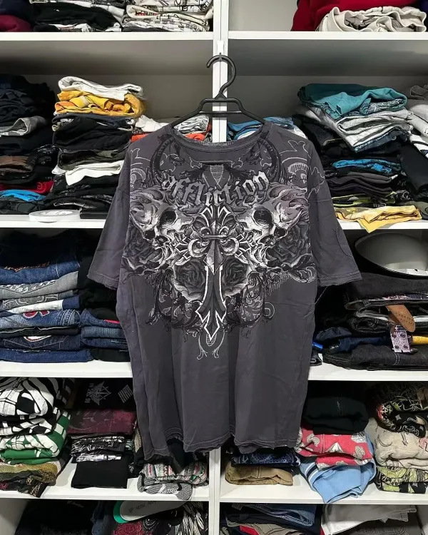 Summer New Cotton T-shirt Y2K Retro Affliction T-shirt Skull Printed Short Sleeve Men's Women's Street Hip Hop Gothic Loose Tops