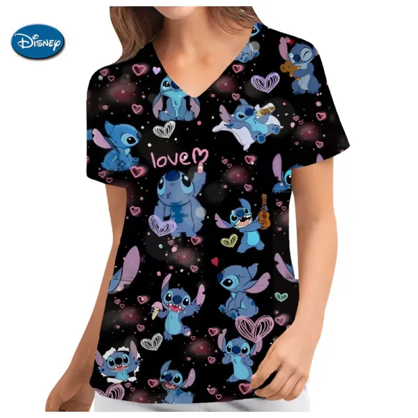 Nurse Uniform Women's Solid Color Disney Stitch Print Top Uniform Short Sleeve Pocket Medical Female Mickey Mouse Nurse Uniform