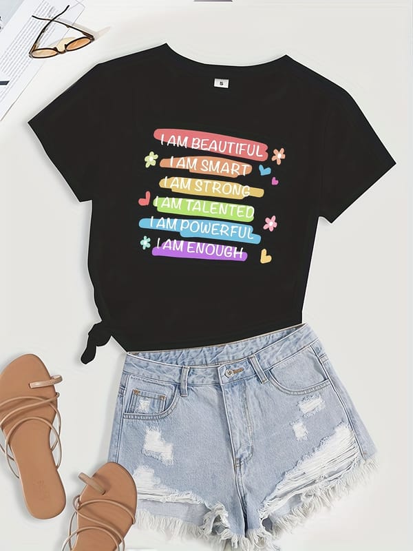 Women's Letter Print Short Sleeve T-Shirt - Casual Summer & Spring Top