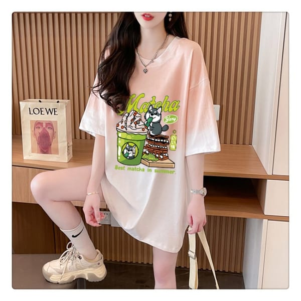 Summer Korean Loose Pink T-Shirts Women 2024 Gradient Letters Cartoon Round Neck Short Sleeve Oversized Tshirt Women's Tops Tees