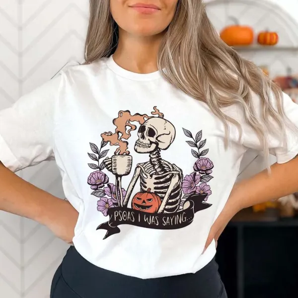 Short Sleeved T-Shirt Retro Sweet Printed Skull Pattern Costume Halloween Summer O-Neck Top Women's Basic Casual New T-Shirt.